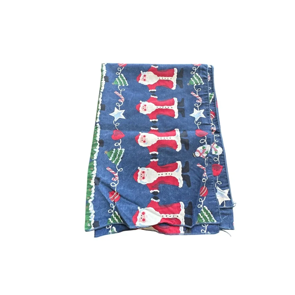 Vintage Christmas Santa Snowman Blue Table Runner Folk Art Holiday Decor